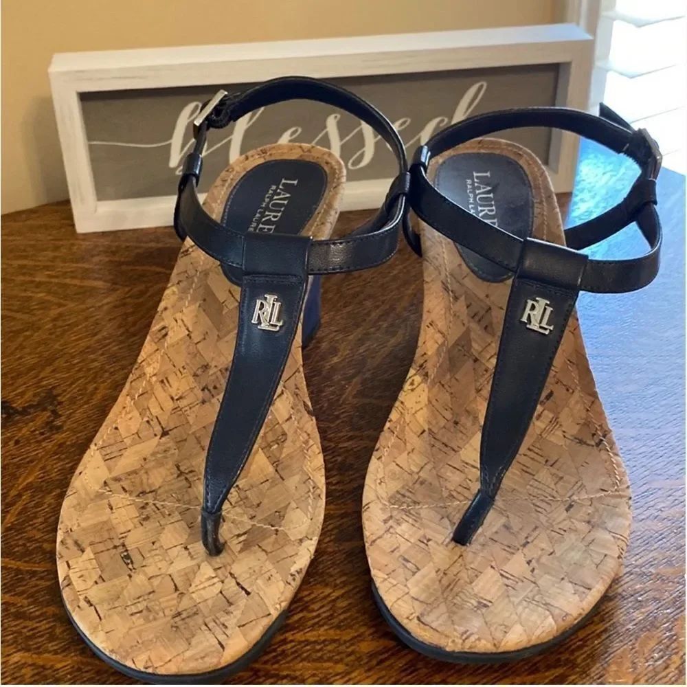 *Ralph Lauren* Sz 8.5 Naris Navy Cork Wedge Sandals